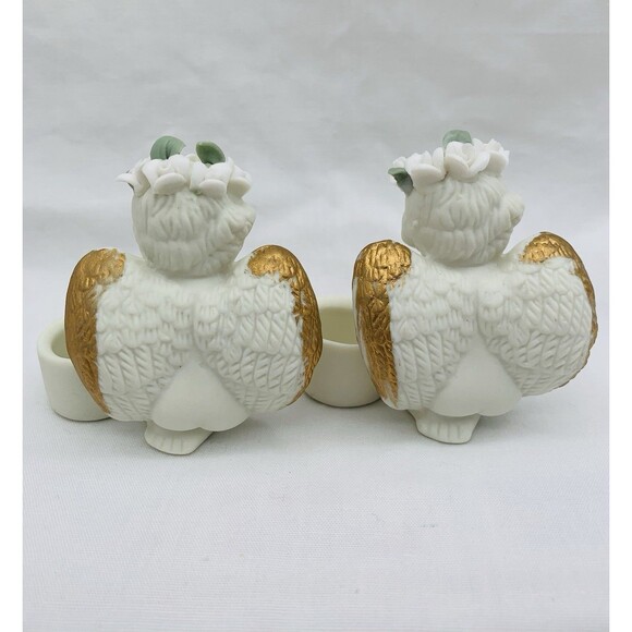 Vtg Cherub Angels 2 Candlestick Holders Ceramic Ivory Bisque 3" w/ Floral Crown - Picture 5 of 12